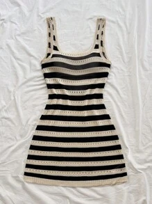 Soleia 春夏休闲杏色和黑色拼色条纹镂空露肩针织连衣裙，适合派对、约会、海滩、游轮、度假、音乐节、波西米亚风假期、下午茶