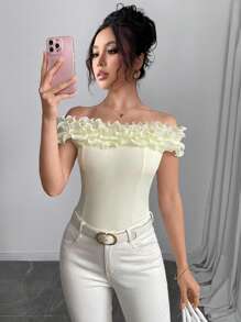 SHEIN Unity Women's Off Shoulder Ruffled Hem Crop Top, Slim Fit For Summer - Apricot - View 1