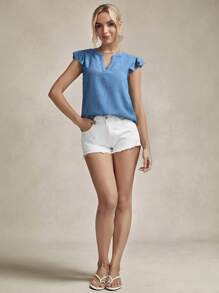 Wildy Women'S Notched Collar Cap Sleeve Blouse With Flared Sleeves