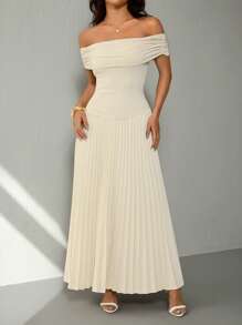 SHEIN PETITE Váy dạ hội 1 mảnh trễ vai màu trơn xếp ly thanh lịch - Màu be - Xem 3