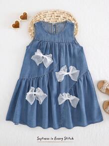 Cozy Pixies Vestido sin mangas con cuello redondo y decoración de lazo para niña joven