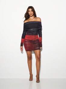 KIZN Ruched Off Shoulder Long Sleeve Mini Dress Mesh Overlay Party Club Night Out Evening Bodycon Fitted Festival Gathering - Multicolor - View 3