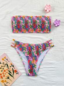 Swim Mod 2026 春夏女士吊带碎花露背性感度假侧高开叉比基尼泳装两件套