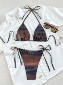Swim Basics Springbreak 2pcs Women Summer Beach Wear Outfits: Spaghetti Strap Gradient Color Crop Top And Side Tie Bikini Bottom Bikini Set Set - Multicolor - View 4