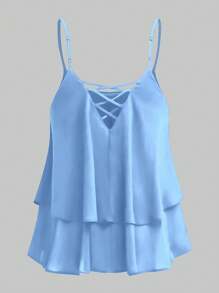 DreamSkyne Áo ba lỗ dây mảnh xẻ chéo lưng hai lớp vải chiffon trơn màu cỡ lớn - Màu xanh lam - Xem 2