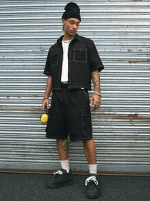 AXEPEAK 2 件套男士日常街头风 Polo 领宽松短袖衬衫和短裤套装