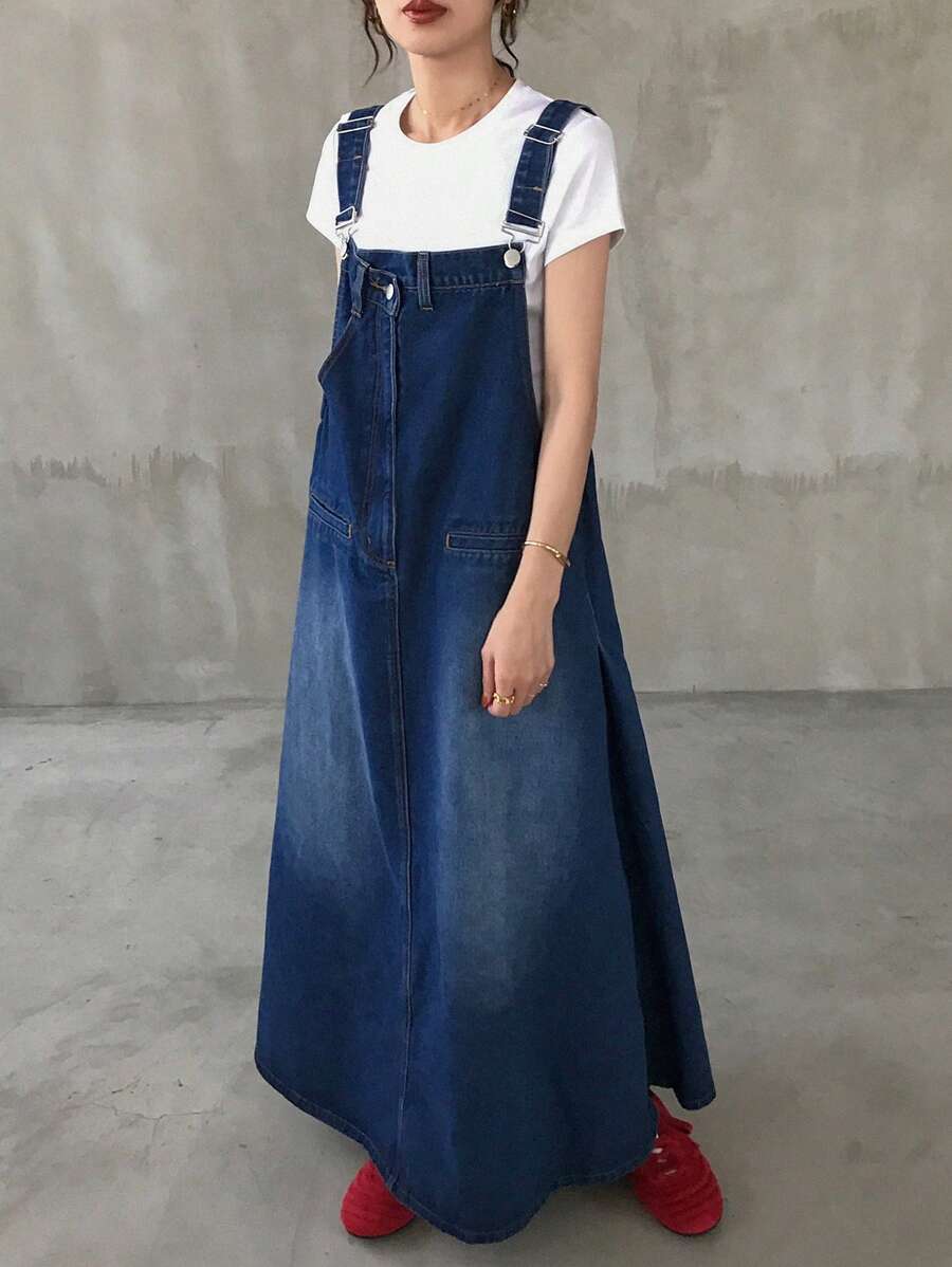 FRIFUL Women Denim Pinafore Dress, Long Skirt With Pockets, Asymmetrical Neckline - Medium Wash - View 1