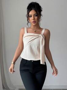 Elenzga Summer Casual Solid Color Tie-Knot Strap Camisole For Women - Khaki - View 3