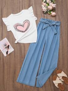 Girls Sweet Heart Print T-Shirt And Loose Waist Casual Pants Set, Comfortable And Fashionable, Suitable For Summer Young Girls Sets - Light Wash - View 1