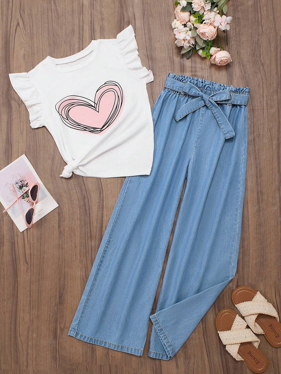 Girls Sweet Heart Print T-Shirt And Loose Waist Casual Pants Set, Comfortable And Fashionable, Suitable For Summer Young Girls Sets - Light Wash - View 1