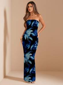 SHEIN BAE Vestido tubo con estampado floral para mujer, vestido de vacaciones de silueta ajustada y largo