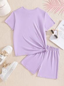 SHEIN Bộ 2 áo phông và quần short in hình chú chuột lang hoạt hình cho bé gái, màu tím, trang phục dễ thương cho thiếu nữ vào mùa hè - Màu tím - Xem 2