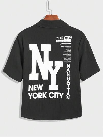 SHEIN Tween 男童休闲字母印花撞色纽扣衬衫，舒适、时尚、百搭、面料柔软，适合上学、旅行、户外运动、春夏季