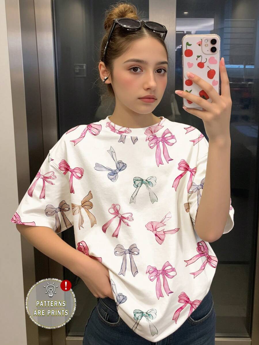 SHEIN Leap Crew Teen Girls' Casual Loose Fit Butterfly Print Knit T-Shirt, Suitable For Summer - Multicolor - View 1