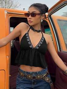 SHEIN EZwear 女士黑色刺绣针织露背上衣 - 黑色 - 查看 3