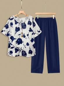 Linhara Plus Size Women Floral Print Top & Elastic Waist Asymmetrical Patchwork Hem Pants 2 Pieces Sets, Summer