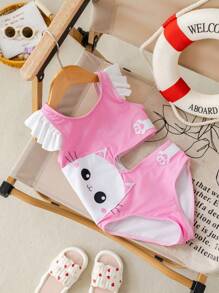 SHEIN Traje de baño de una pieza con mangas cortas y decoración de gato hueco para niñas jóvenes