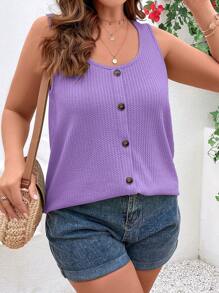 SHEIN VCAY Áo ba lỗ cổ tròn màu trơn cỡ lớn cài nút phía trước thường ngày đi nghỉ - Màu Lilac Tím - Xem 5