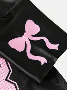 SHEIN Tween Girls' Casual Streetwear V-Neck Knit Splicing Mesh Oversize Loose Bat Sleeve Short Sleeve T-Shirt With Text & Number & Bow Print, Black