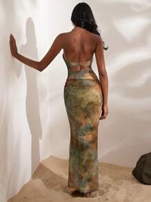 Opulessa 女式紧身针织网眼印花深前开衩露背连衣裙