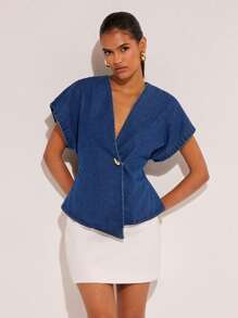 COSMINA Women's Single-Button Bat Print Short Sleeve Casual Denim Blouse, Old Money