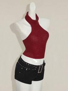 SHEIN ICON 女式纯色简约针织吊带背心 - 紅色 - 查看 7