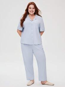 LUVLETTE Women's Plus-Size Soft 100% Pure Cotton Basic Button-Up Top & Pants Loungewear Pajama Set Pants With Pockets,Spring And Summer Cotton Pajamas - Blue - View 9