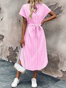 Breezaya 女式条纹蝙蝠袖短袖单排扣休闲长裙，夏季长款女装 - 淺粉色 - 查看 6