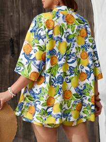 SHEIN VCAY Conjunto de 2 piezas de talla grande para mujer con blusa de manga corta con estampado de limón y retro, y pantalones cortos holgados con cintura elástica para uso en la playa - Multicolor - Ver 2
