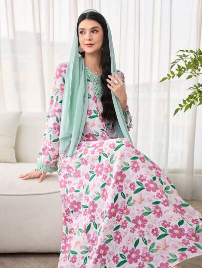 Al Najma 女式复古印花优雅宽松套头衫长袖土耳其长款束腰外衣，端庄