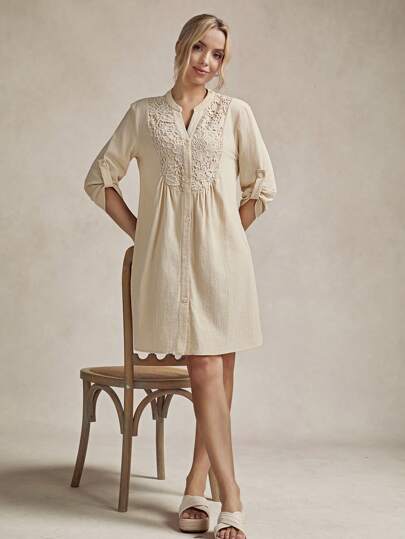 Wildy BOHO Contrast Lace Roll Tab Sleeve Button Front Smock Dress
