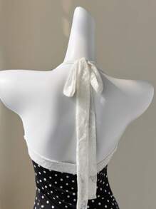 Elamini 波尔卡圆点蕾丝边蝴蝶结露背系带腰部荷叶边下摆迷你连衣裙拼布褶皱分层复古甜美度假海滩优雅休闲约会太阳裙女式夏季