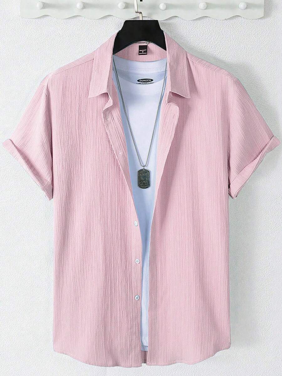 Manfinity Homme Áo sơ mi nam tay ngắn đơn hàng khuy đơn màu thường ngày/công sở - Hồng - Xem 1