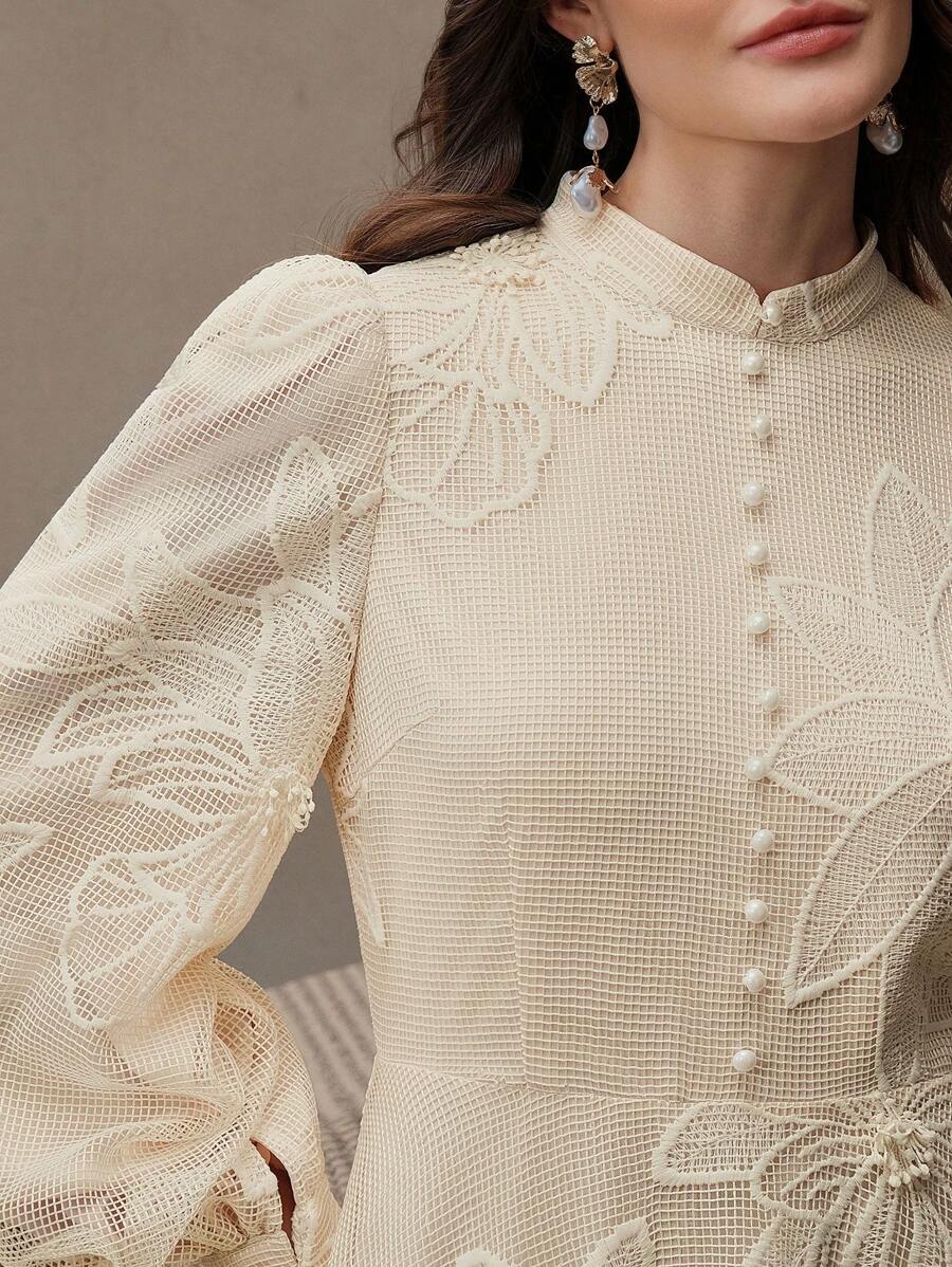 Anewsta Women's Elegant Hollow-Out Floral Embroidered Long Sleeve Dress, Spring/Summer, Suitable For Wedding Guest, Spring Outfit - Apricot - View 1