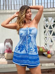KURAYIA 2pcs Plus Size Women Tie-Dye Bandeau Top And Matching Shorts Set - Blue and White - View 4