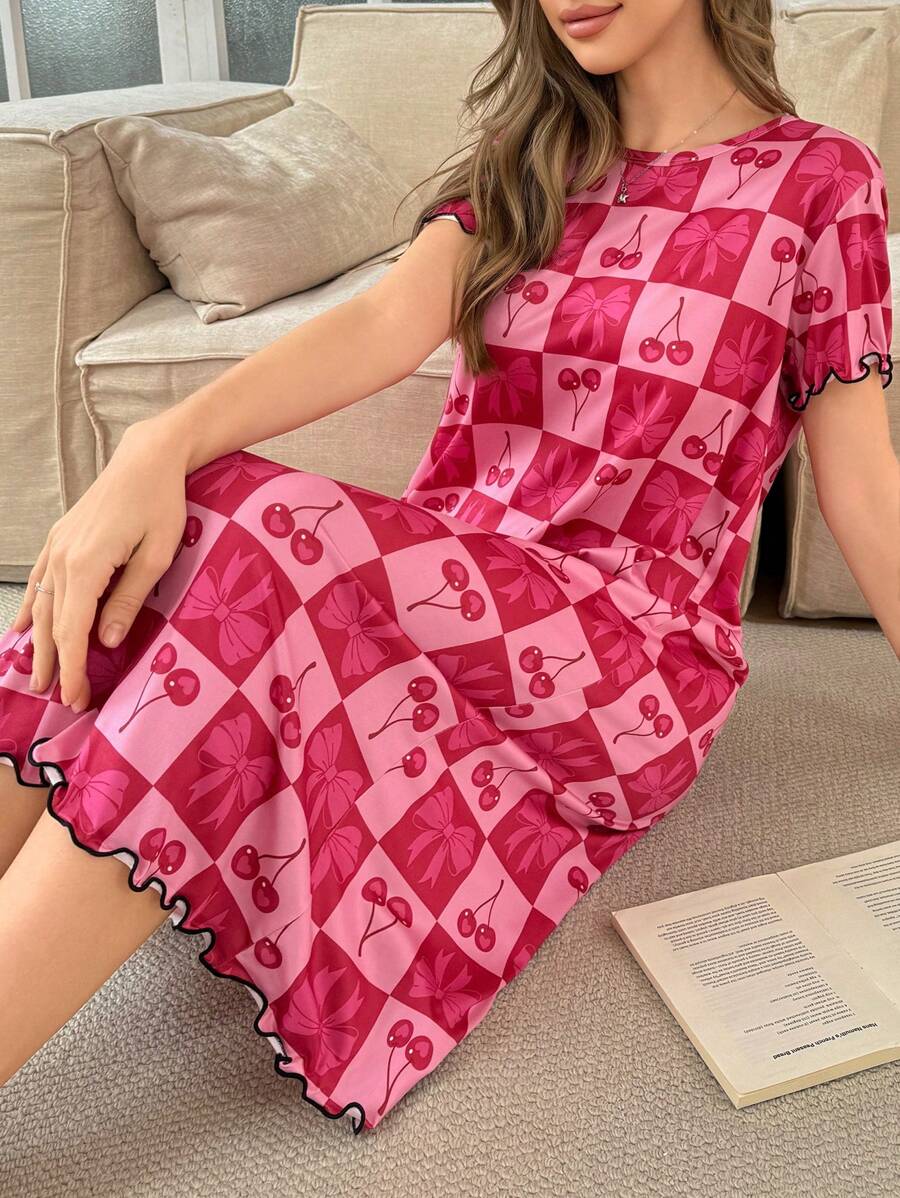 SweetSlumber 格子樱桃结印花甜美女孩圆领长款T恤睡袍女士夏季，Moo Moo - 彩色 - 查看 1