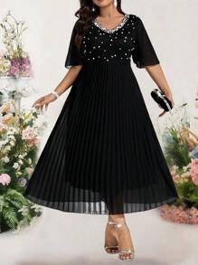 Bellastra Damen Große Größen Spitzen-Patchworkkleid mit Kunstperlen-Verzierung und Raffung