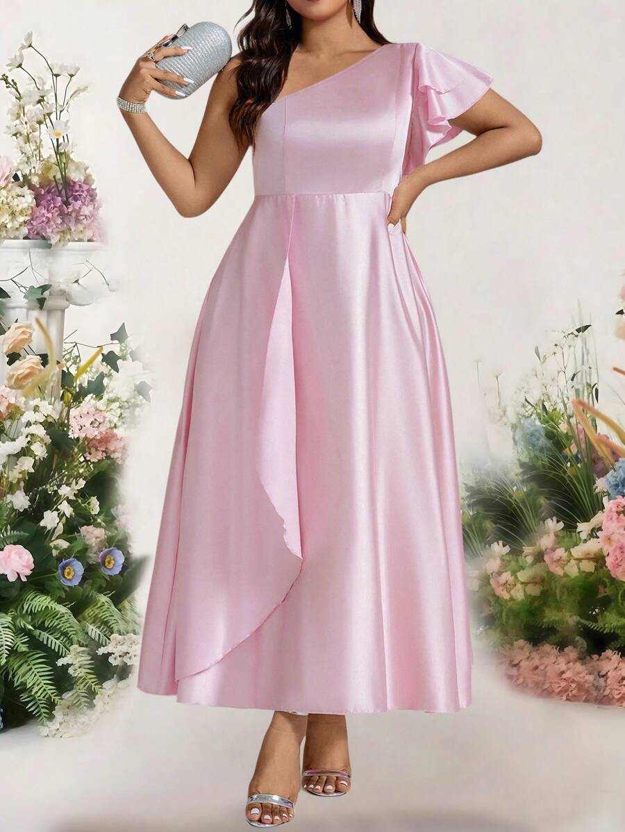 Asymmetric Wedding Guest Dress - Pink - View 1