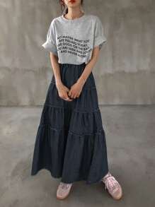 FRIFUL 女式弹力腰牛仔A字裙，带荷叶边下摆牛仔裙