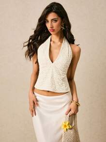 Poéselle Women's Floral Jacquard Plunging V-Neck Backless Halter Top - Apricot - View 4