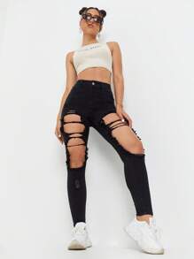 SHEIN ICON Cut-out Skinny Cropped Jeans - Black - View 5