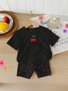 SHEIN Happikins Young Girl Simple Style Short Sleeve Top And Shorts 2 Pieces Set, Suitable For Summer - Multicolor - View 2