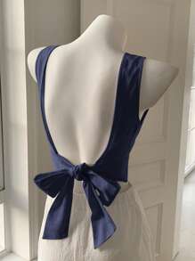 Comfortcana 女式海军蓝亚麻露背系带休闲度假背心，夏季 - 藏蓝色 - 查看 1