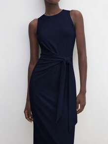 BizChic 2025年夏季新款海军蓝圆领无袖系带收腰宽松连衣裙，商务休闲日常穿着，适合婚礼、海滩度假、音乐节、早午餐、机场穿搭，90年代复古斯德哥尔摩风格，美国独立日