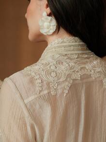 Anewsta Camicetta in pizzo testurizzato con maniche lunghe e design morbido, adatta per l'estate, look versatile