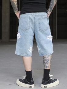 Manfinity EMRG Men's Floral Applique Pocket Casual Versatile Denim Shorts