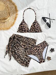 WESTFADE Young Tween Girl Leopard Print Halterneck Bikini Swimsuit Set And Mini Beach Skirt