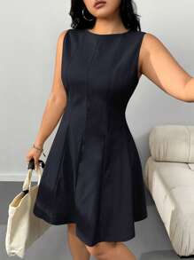 SHEIN EZwear 大码女式黑色无袖圆领A字腰中长连衣裙 - 黑色 - 查看 3