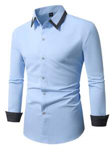 Manfinity Mode Camisa casual de hombre con bloques de color y parches - Azul - Ver 4