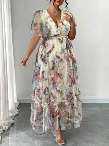 Auvina Women's Spring & Summer V-Neck Jacquard Puff Sleeve Tie-Waist Elegant Dress - Multicolor - View 6